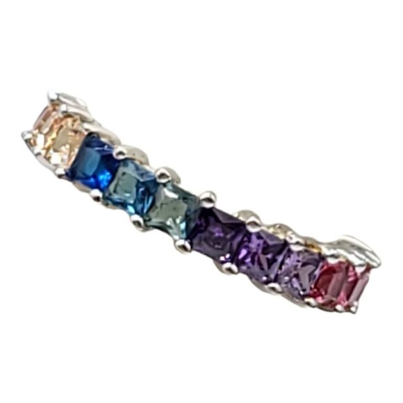 GM .925 Sterling Silver Rainbow Multi-Color Stone Eternity Ring Size 8 - Picture 2 of 6